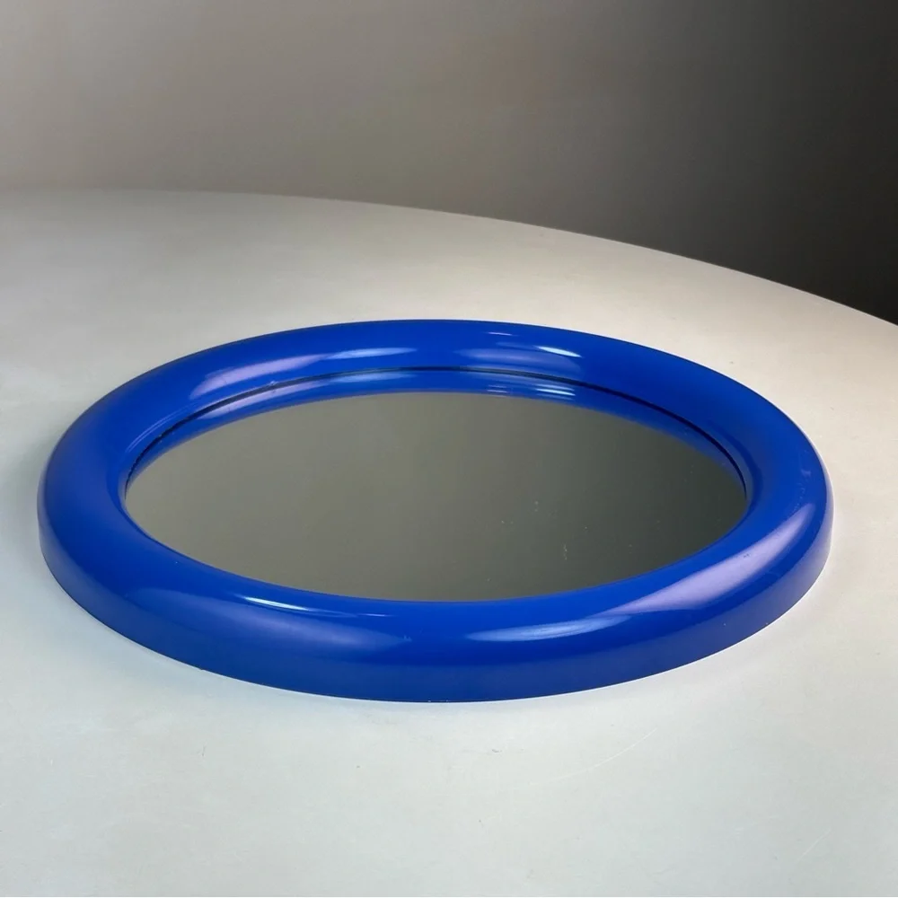 Vintage 12.25” Circle Blue Plastic Wall Mirror Space Age 80s 90s Post Modern